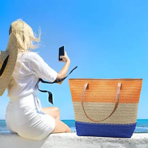 Vista 114 de Bolso grande de paja para mujer, tejido de ratán, bolso de playa de verano, a rayas
