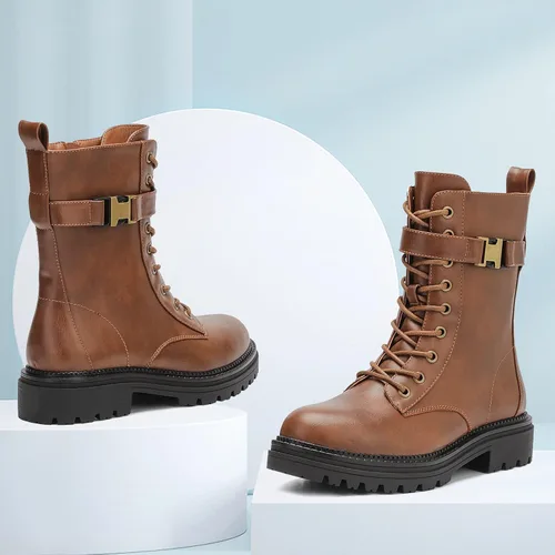 Vista 7 de CentroPoint Botas de combate con cordones para mujer, tacón bajo, media pantorrilla, botas militares, punta redonda, cremallera lateral, hebilla al