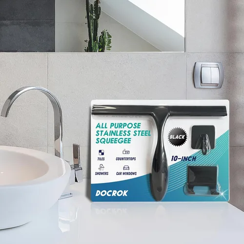 Vista 7 de Escobilla de ducha multiusos de acero inoxidable para puertas de ducha con 2 ganchos adhesivos, herramienta de limpieza de baño, escobilla de espejo
