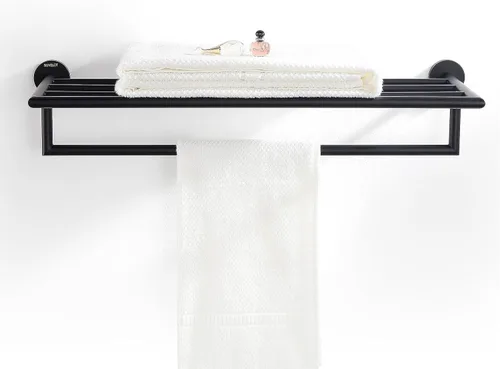 Vista 7 de Toalleros para baño, toallero negro mate, soporte para toallas de baño montado en la pared, barra de toalla de estilo hotel moderno de 26 pulgadas