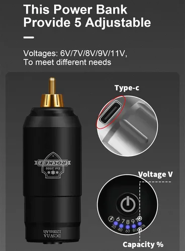 Vista 4 de Mini Rocket Tattoo Machine Set Japón Motor inalámbrico Batería Tatuaje Rotary Machine Power RCA Interface Mini lápiz de tatuaje inalámbrico, juego