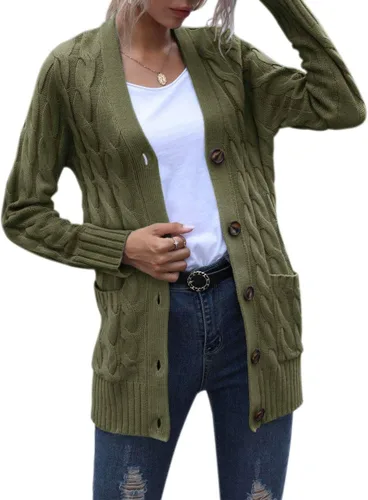Vista 3 de MEROKEETY - Suéter de punto trenzado y manga larga para mujer, estilo cárdigan abierto al frente, con botones, para otoño, ropa de exterior holgada