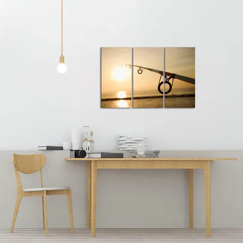 Vista 3 de iKNOW FOTO 3 piezas de lienzo impreso para pesca, arte de pared, caña de pescar contra el océano al atardecer, fotografía de naturaleza, pintura