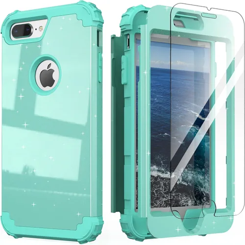 Vista 23 de IDweel Funda para iPhone 8 Plus, Funda para iPhone 7 Plus con Protector de Pantalla de Vidrio Templado, 3 en 1 Resistente a Golpes Delgada Híbrida
