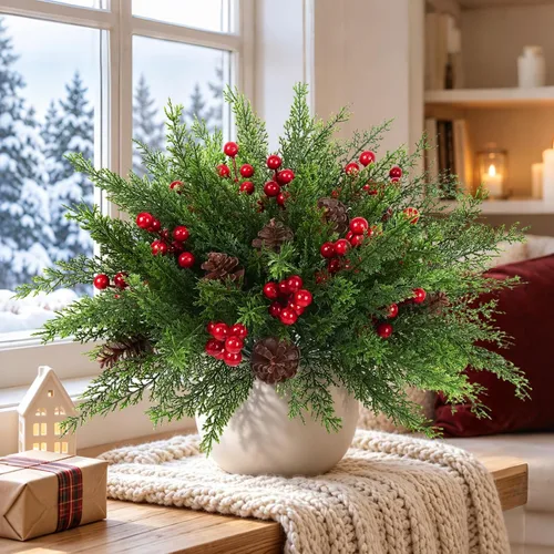 Vista 7 de 6 Pcs Christmas Greenery Stems, Artificial Pine Branches with Red Berries and Pinecones, Faux Evergreen Floral Stems for Vase, Full Christmas Picks