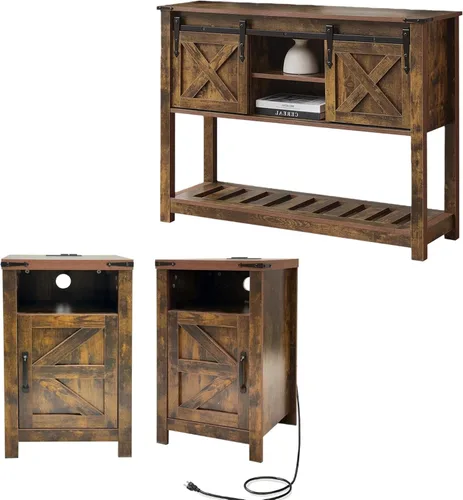 Vista 10 de Mesa de entrada de granja con puertas corredizas de granero, mesa consola de madera con estante de almacenamiento, mesa de sofá rústica para sala