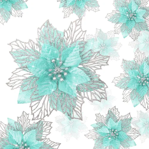 Vista 10 de Geosar 24 piezas de flores de Pascua con purpurina para Año Nuevo, flores artificiales en capas, adornos para árbol de boda y Año Nuevo, 3/4/6 Azul