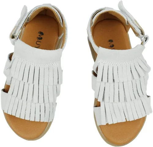 Vista 6 de Muy Guay Sandalias de cuero genuino para niñas pequeñas, sandalias de borlas blancas para verano, zapatos planos para caminar con suela de goma