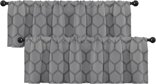Vista 15 de Emvency Paquete de 2 cenefas para ventana, diseño geométrico gris y negro, cortinas de arte moderno abstracto, cortinas ajustables para ventanas