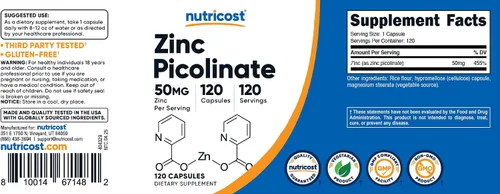 Vista 6 de Nutricost Picolinato de Zinc 50mg, 120 Cápsulas Vegetarianas, Sin Gluten Sin OGM