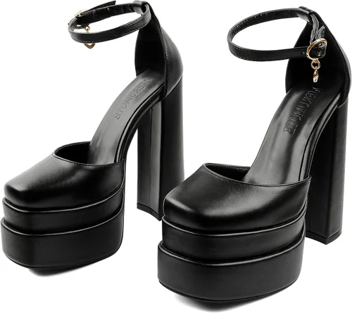 Vista 6 de MERUMOTE Zapatos de tacón alto sexy para mujer, con plataforma y punta cuadrada, tacones de bloque grueso, zapatos de fiesta con diamantes