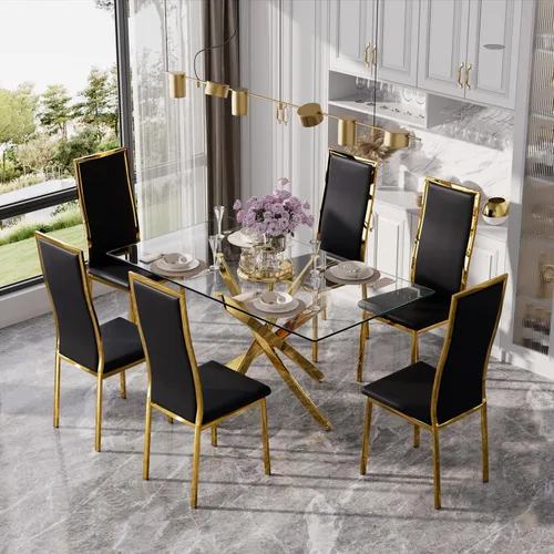 Vista 3 de Juego de mesa de comedor de cristal dorado moderno de 63 pulgadas para 6, juego de mesa de cocina rectangular de 7 piezas con patas de acero Negro
