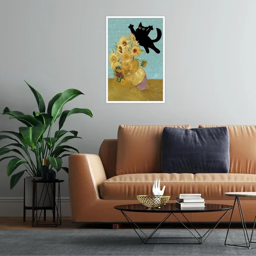 Vista 7 de Póster de Arte Gracioso de Gato Negro Vintage Van Gogh Girasol Gato Impreso en Lienzo Arte de Pared de Gato Lindo Estética de Animales