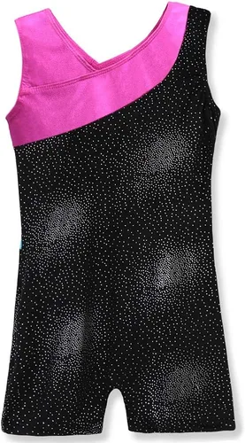 Vista 2 de Leotardo de gimnasia con shorts para niñas, sin mangas, para ciclismo, con diseño de mariposas y flores con brillo, color negro y rosado intenso