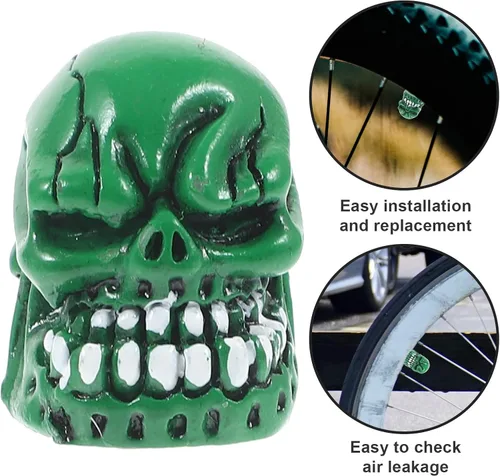 Vista 3 de 4pcs Skull Shaped Valve Stem Caps Green Resin Tire Valve Caps Car Motorcycle Bicycle Decorative Accessories