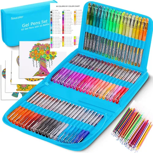 Vista 10 de Soucolor Bolígrafos de gel con purpurina para libros de colorear para adultos, suministros escolares de clase de arte, paquete de 120 unidades, 60