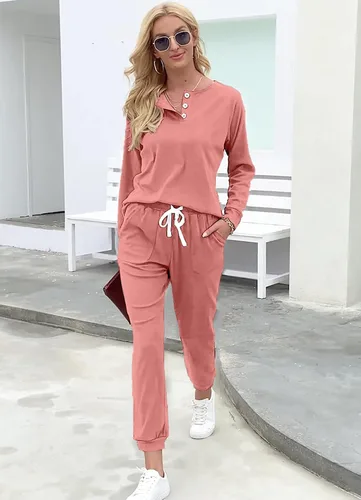 Vista 111 de Wiholl - Conjuntos de dos piezas para mujer: ropa cómoda con sudadera abotonada y pantalones deportivos con bolsillos