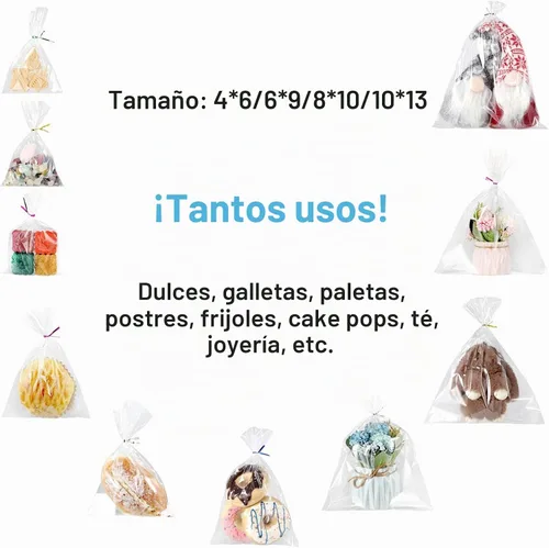 Vista 4 de Boao Bolsas de celofán de plástico transparente de 4 tamaños, 200 bolsas de celofán con lazos de mezcla de colores para Navidad, cumpleaños
