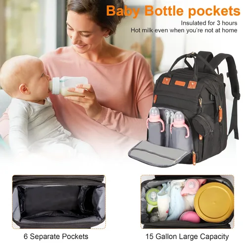Vista 2 de Mochila para pañales, con mochila para cambiador, tela Oxford 900D, mochila para pañales de gran capacidad, mochila multifuncional 3 en 1 para Negro