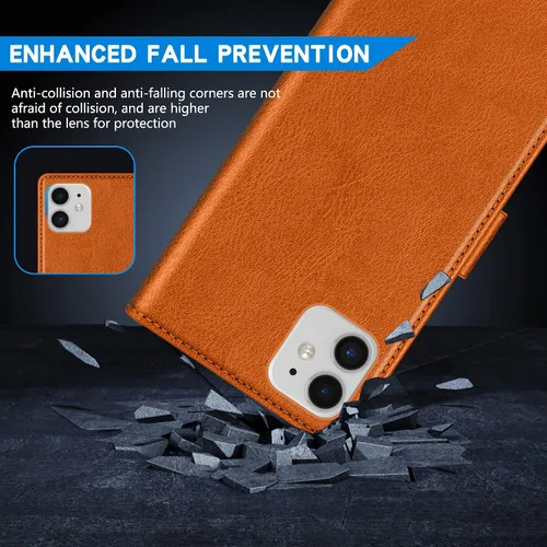 Vista 7 de ZZXX Funda tipo cartera para iPhone 11 con bloqueo RFID, ranura para tarjetas, función atril, cierre magnético, funda protectora de cuero para Marrón