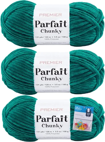 Vista 28 de Premier Yarns Parfait - Paquete de 3 unidades de felpilla gruesa de 3.5 onzas, peso supervoluminoso, paquete de 3 unidades con soportes para punto