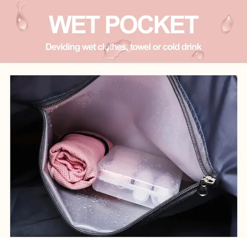 Vista 4 de Bolsa deportiva para gimnasio, bolsa de viaje con bolsillo húmedo y compartimento para zapatos, bolsa de fin de semana para mujeres y hombres, Rosado
