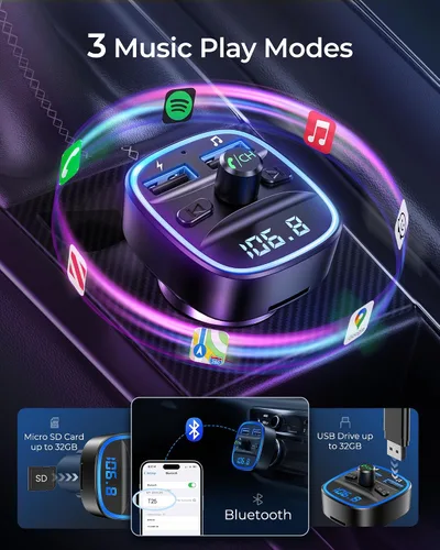 Vista 4 de LENCENT Transmisor FM, Bluetooth Transmisor FM Adaptador de Radio Azul-12W
