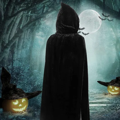Vista 2 de Capa de bruja, capa con capucha de Halloween, disfraz de capa larga con capucha para mujer, capa de terciopelo, túnica de Halloween para adultos