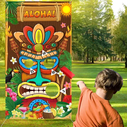 Vista 6 de Luau Party Games Hawaiian Tiki Party Toss Games Banner con 3 bolsas de frijoles, decoración de tótem para suministros de carnaval tropical de verano