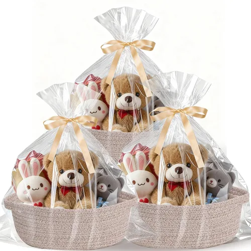 Vista 8 de Cesta para regalos vacía, pequeña cesta tejida con bolsas y cintas, cestas de juguetes para bebé con asas, contenedor de almacenamiento de mimbre