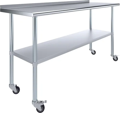 Vista 18 de AmGood Mesa de trabajo de acero inoxidable con protector contra salpicaduras de 1.5 pulgadas y ruedas NSF Mesa de preparación de alimentos