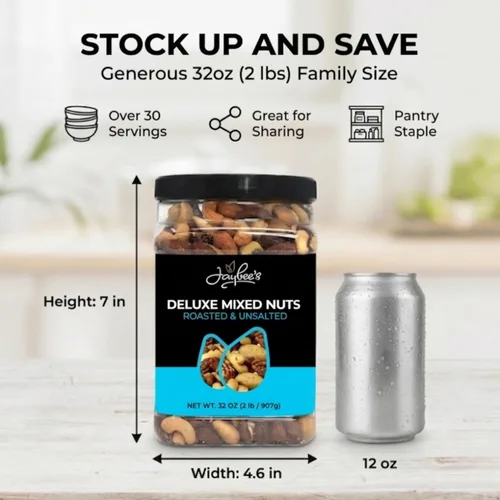 Vista 2 de Jaybee's Nueces mixtas sin sal 32 onzas Mezcla de nueces gourmet tostadas de lujo con anacardos, almendras, nueces, avellanas, nueces de Brasil