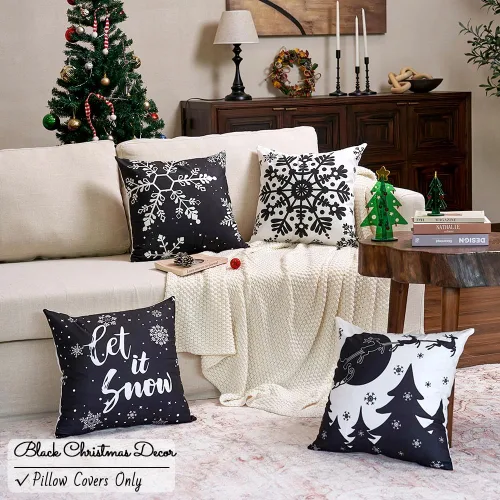Vista 6 de JOJOGOGO Fundas de almohada de Navidad en blanco y negro 18x18, juego de 4, fundas de almohada decorativas de invierno con copos de nieve para sofá