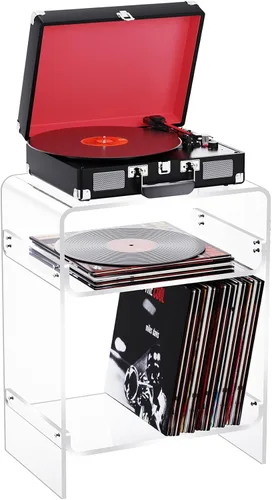 Vista 18 de Mesa de tocadiscos de acrílico con estante de almacenamiento, mesa auxiliar transparente mesita de noche (negro, mediano)