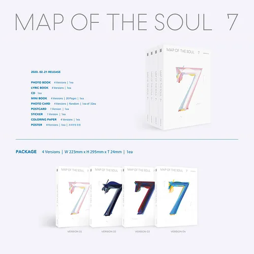 Vista 2 de BTS Album - MAP OF SOUL : 7 [ 1 ver. ] Package + Photo Book + Lyric Book + CD + Mini Book + Photo Card + PostCard + Sticker + Coloring Paper