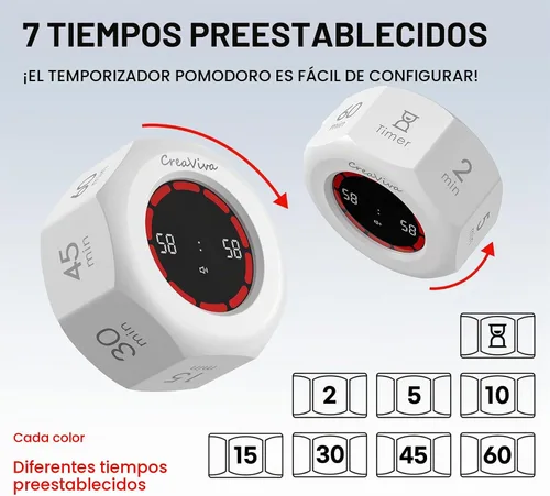 Vista 2 de Flip Cube Pomodoro Timer - Temporizador Visual Recargable de Cuenta Regresiva y Cronómetro de Cuenta Progresiva, 7 Intervalos Preestablecidos, 3