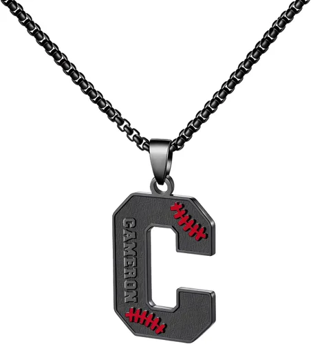 Vista 18 de Ldurian Collar personalizado con nombre de béisbol, cadena negra de acero inoxidable, collar con nombre deportivo, letra A-Z de 24 pulgadas, regalos