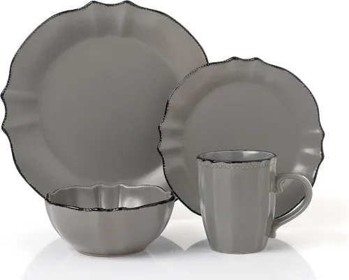 Vista 2 de Lorren Home Trends Vajilla gris pizarra con borde festoneado, 16 piezas, tamaño pequeño