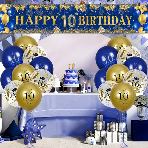 Vista 2 de Decoraciones de cumpleaños número 10 para niños pequeños, niños y niñas, azul marino y dorado, pancarta de fiesta de feliz cumpleaños de 18 piezas