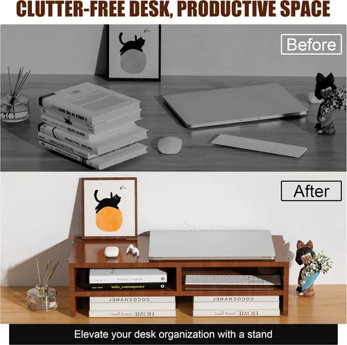 Vista 5 de Soporte elevador para monitor con almacenamiento, organizador de escritorio de 2 niveles y estante de madera de escritorio, soporte ergonómico