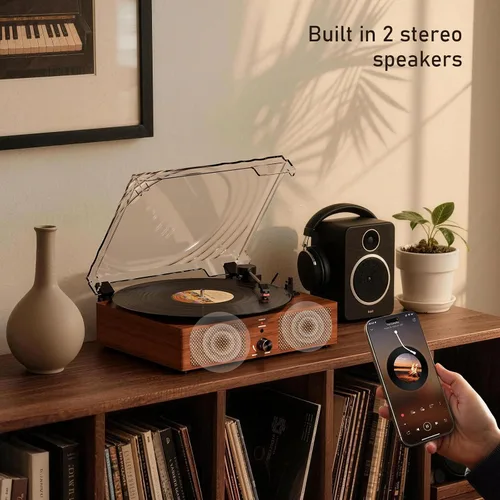 Vista 6 de Tocadiscos de vinilo con receptor Bluetooth integrado y 2 altavoces estéreo, 3 velocidades y 3 tamaños, tocadiscos retro portátil para Amarillo