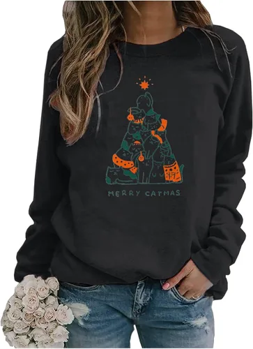 Vista 2 de Sudadera suelta de Navidad de manga larga para mujer con gráficos divertidos y cuello redondo estilo vintage