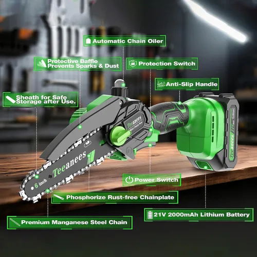 Vista 8 de Mini motosierra inalámbrica, pequeña motosierra eléctrica de 6 pulgadas con batería de 21 V y 3 cadenas, motosierra de mano alimentada por batería