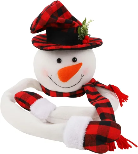 Vista 6 de Juegoal - Muñeco de nieve para la copa del árbol de Navidad, muñeco de nieve grande y suave para abrazar la copa del árbol con sombrero a cuadros