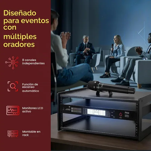 Vista 3 de [Usado] Pyle Sistema de micrófono inalámbrico UHF de 8 canales con 4 micrófonos de mano, 4 Lavalier y 4 micrófonos de auriculares, rango de 300 pies