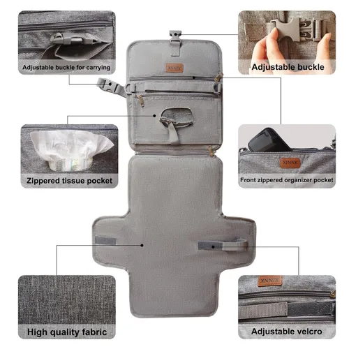 Vista 4 de Cambiador portátil para bebé, cambiador de pañales de viaje para recién nacido, cambiador de bebé impermeable, estación de cambio de pañales Gris