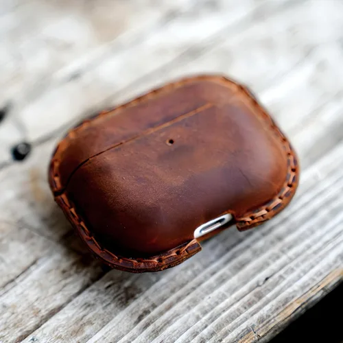 Vista 3 de JJNUSA Funda de cuero vintage genuino envejecido para Airpods Pro 3 3ª generación (2025) Funda protectora con carga inalámbrica compatible con Marrón