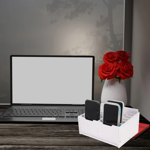 Vista 9 de Angoily Organizador de cajones de escritorio, bandeja organizadora de madera de bambú, divisor de teléfono celular de escritorio y contenedores