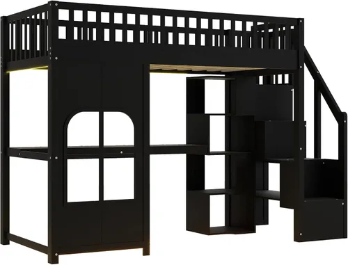 Vista 7 de Playhouse Wood Twin Size Loft Bed with Storage Staircase, Desk, Shelves