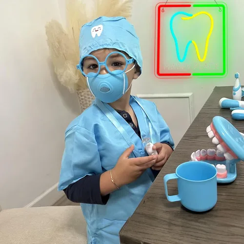 Vista 3 de Letrero de neón Happy Place Tooth, luz de pared LED colorida para odontología infantil y decoración del hogar, luz de neón en forma de diente